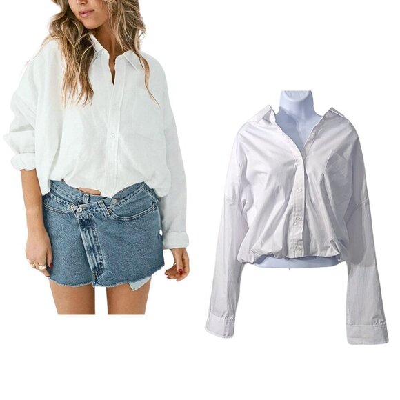 NWOT PARKE White Bubble Down Cropped Blouson Poplin Shirt Boho Normcore Size L - Picture 1 of 10